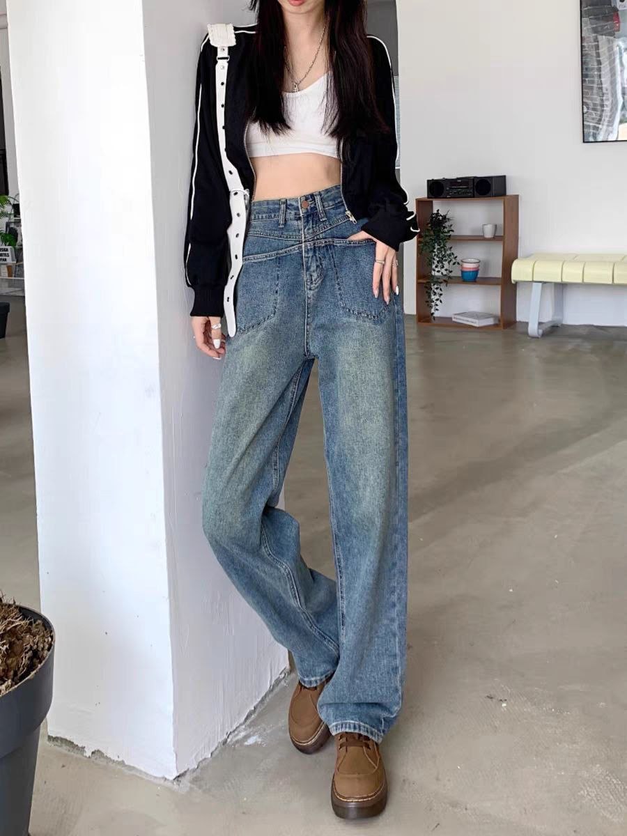 شلوار جین نیم بگ وارداتی آبی تیره jeans